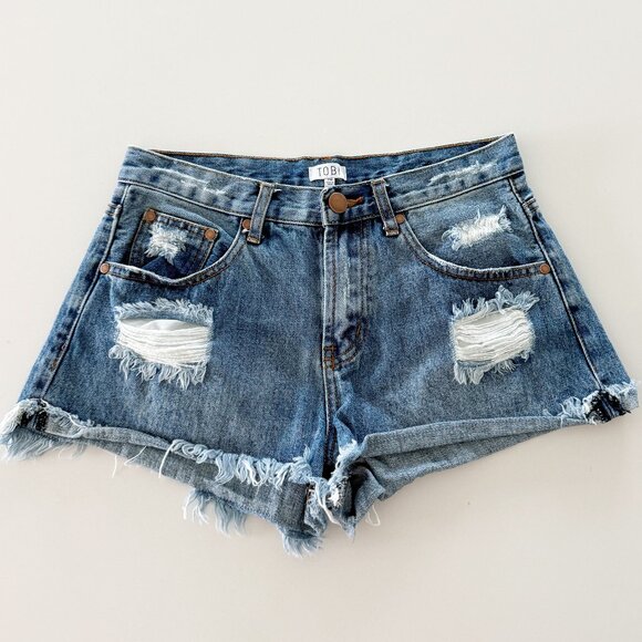 Tobi daisy duke mid-rise distressed medium wash cotton denim jean shorts 26 - Picture 1 of 7
